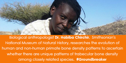 Biological anthropologist Dr. Habiba Chirchir, Smithsonian's National Museum of Natural History, researches the evolution of human and non-human primate bone density patterns to ascertain whether there are unique patterns of trabecular bone density among closely related species. #Groundbreaker