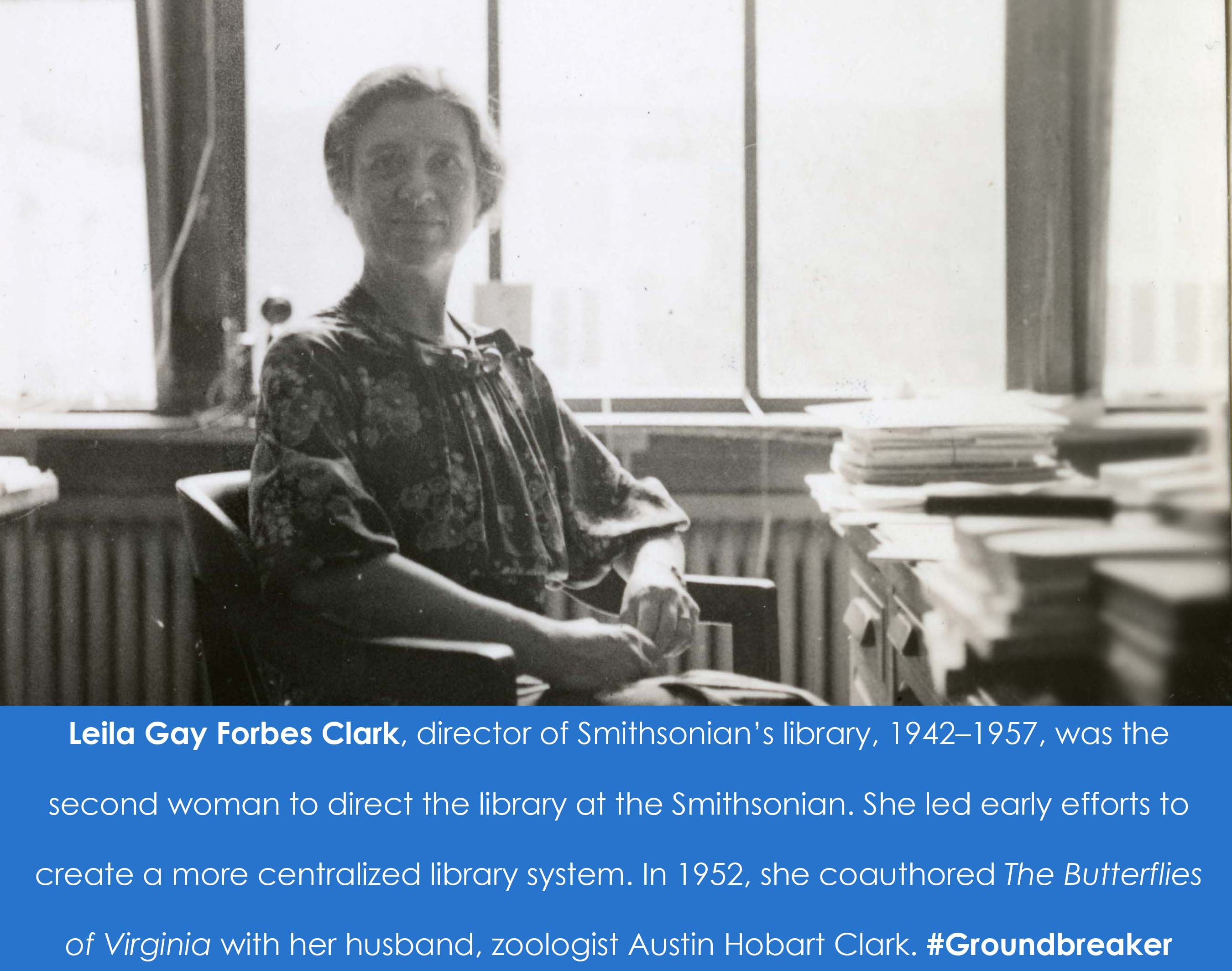 A woman looks directly at the camera and is sitting at a desk. Below the picture is text in a blue box that reads: 