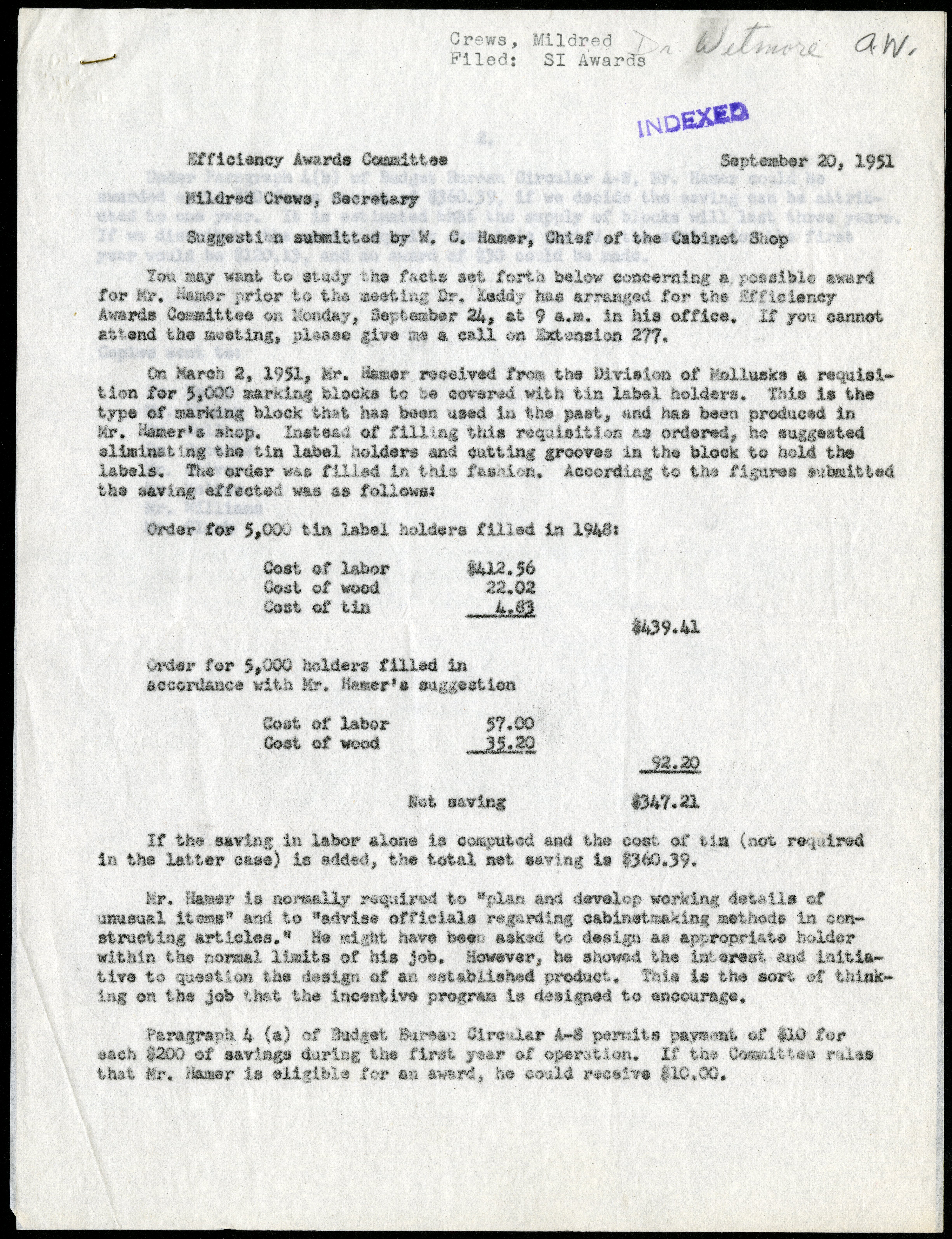 Suggestion submitted by W. G. Homer, Chief of the Cabinet Shop, to the Efficiency Awards Committee, dated September 20, 1951. Record Unit 50: Office of the Secretary, records, 1949-1964, Smithsonian Institution Archives.