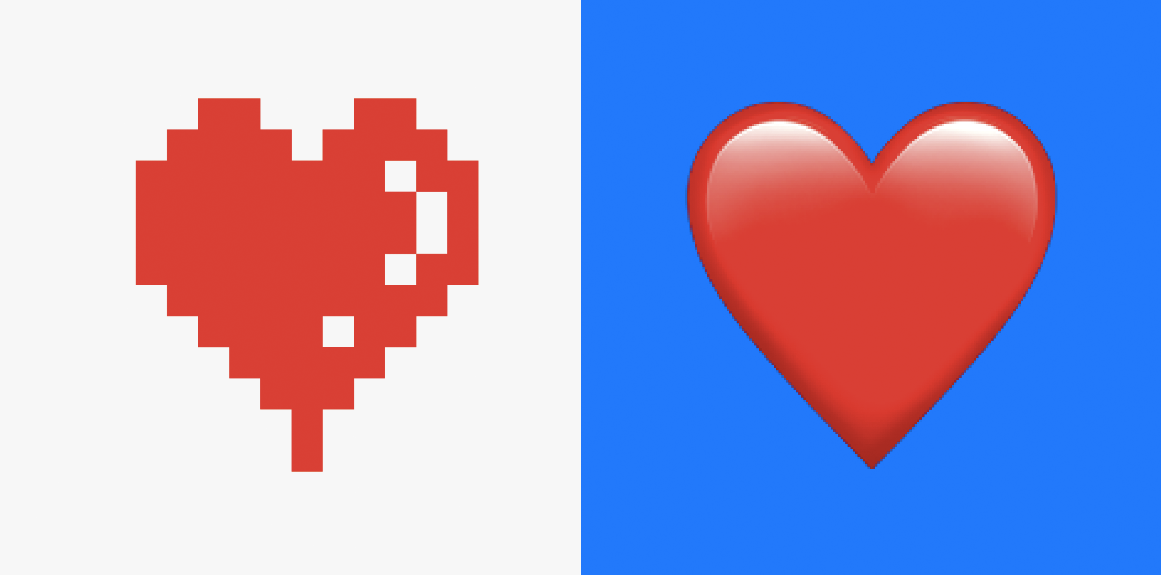 Red heart, left image is shown with pixels, right image on blue background is smooth and contemporar