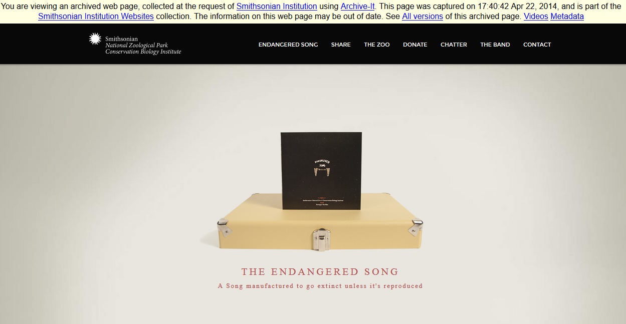 Screenshot of “The Endangered Song Project” website as it existed on April 22, 2014. The website is maintained by the National Zoological Park and was launched in observance of Earth Day 2014.