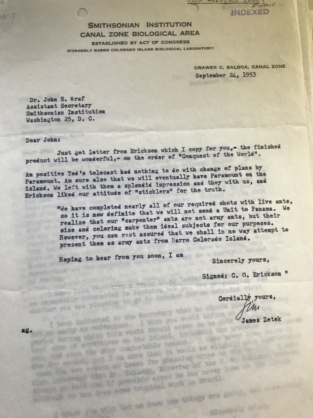 Letter noting that the producers will in "no way attempt to present them [the ants] as army ants fro