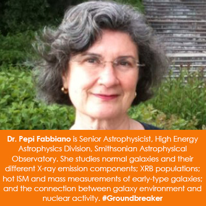 Dr. Pepi Fabbiano is Senior Astrophysicist, High Energy Astrophysics Division, Smithsonian Astrophysical Observatory. She studies normal galaxies and their different X-ray emission components; XRB populations; hot ISM and mass measurements of early-type galaxies; and the connection between galaxy environment and nuclear activity. #Groundbreaker