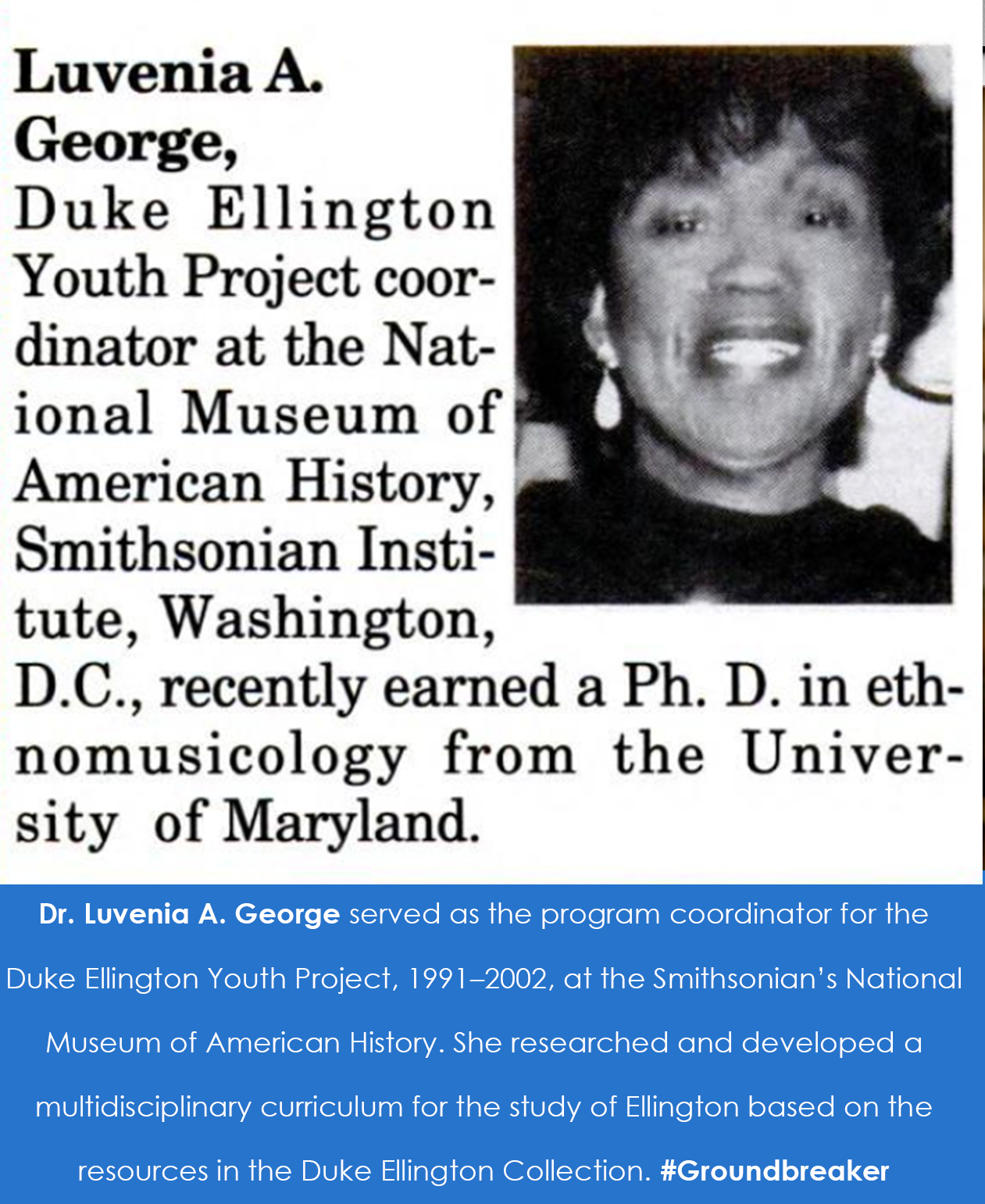 Screenshot of a short article about George earning her Ph.D. next to an image of George.