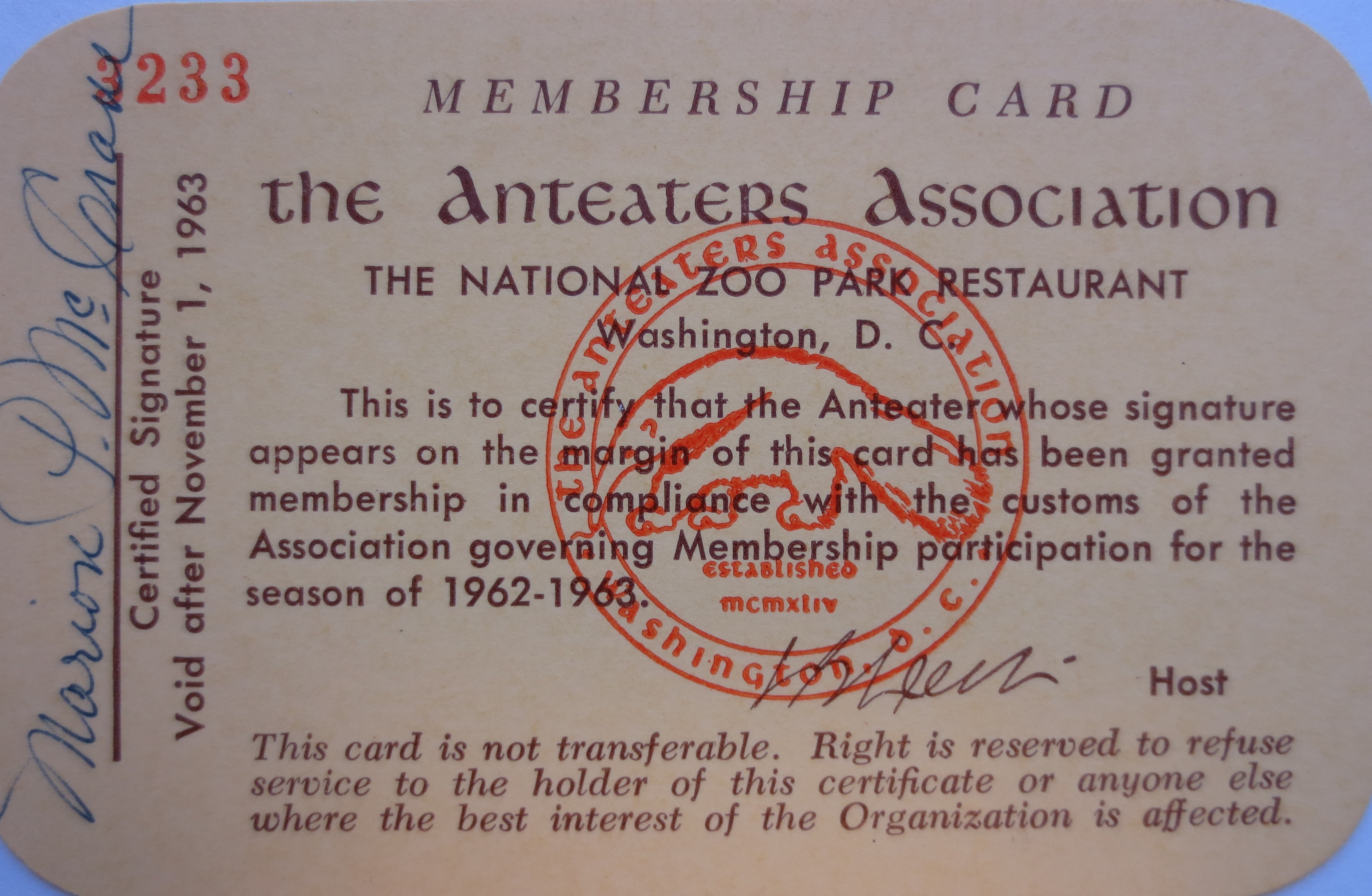 Anteaters Association membership card issued to Marion P. McCrane for the 1962-1963 season, Accession 01-157 - Marion P. McCrane Papers, 1962-1989, Smithsonian Institution Archives.