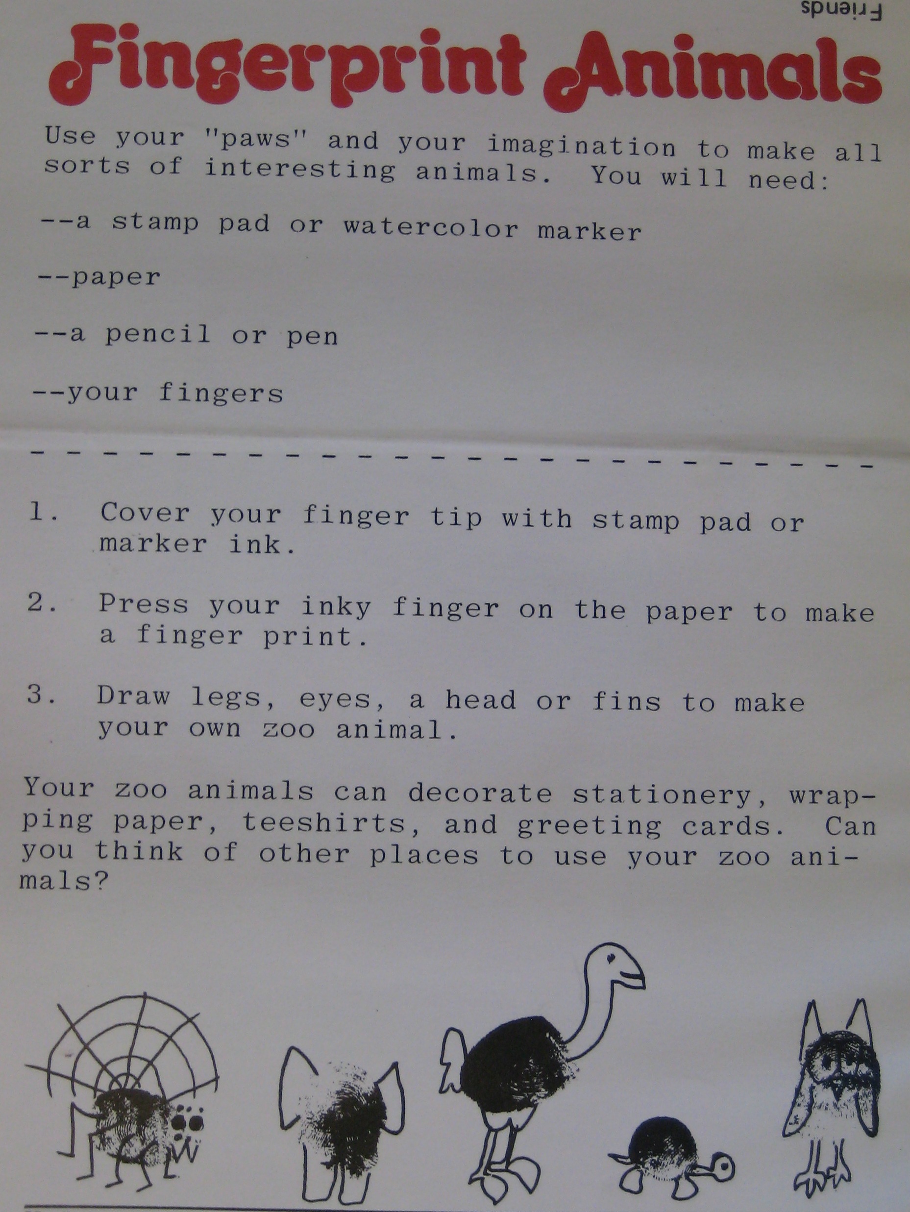 Instructions for fingerprint animals from the Friend of the National Zoo publica