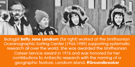 Biologist Betty Jane Landrum (far right) worked at the Smithsonian Oceanographic Sorting Center (1965-1989) supporting systematic research all over the world. She was awarded the Smithsonian Career Service award in 1976 and was honored for her contributions to Antarctic research with the naming of a geographic feature, Landrum Island. #Groundbreaker 