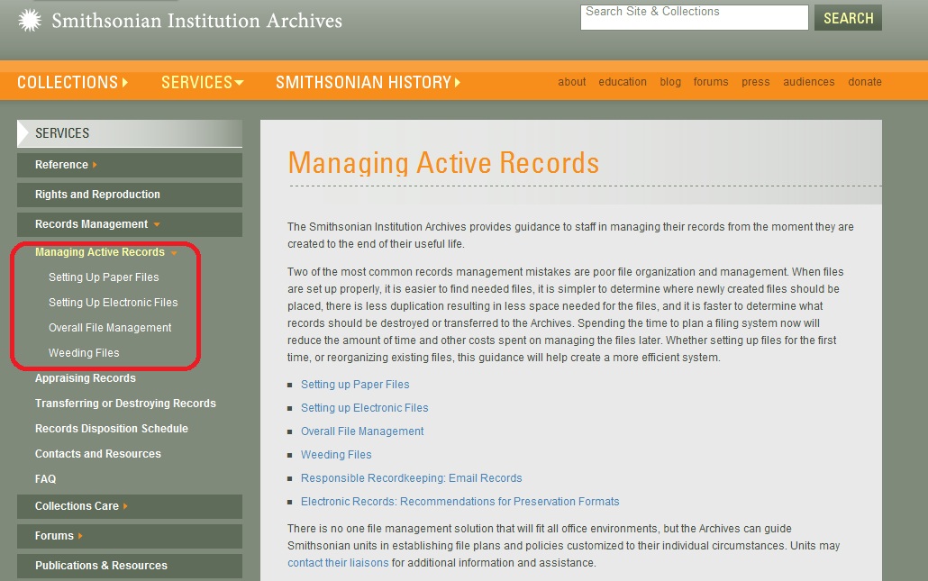 A screenshot of records management resources that many may find useful at ho