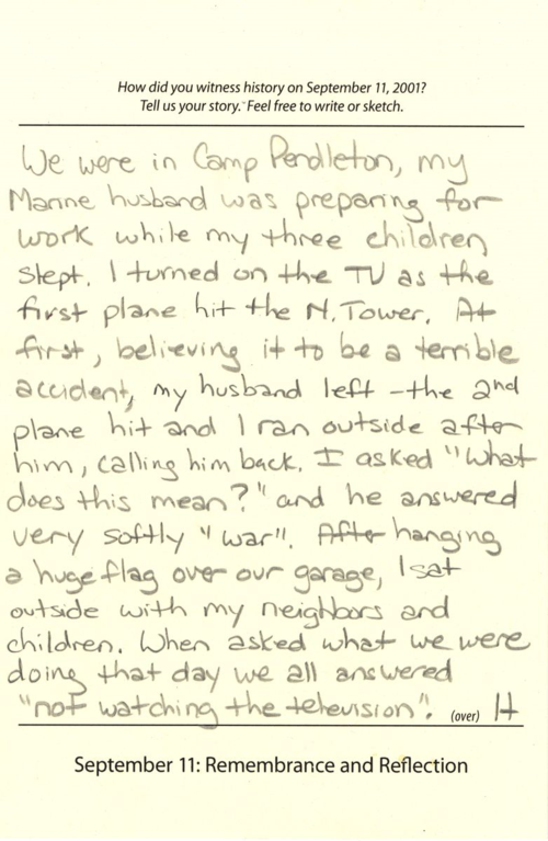 Visitor comment card from the National Museum of American History's September 11: Remembrance and Reflection event commemorating the 10th anniversary of 9/11. Courtesy of NMAH.