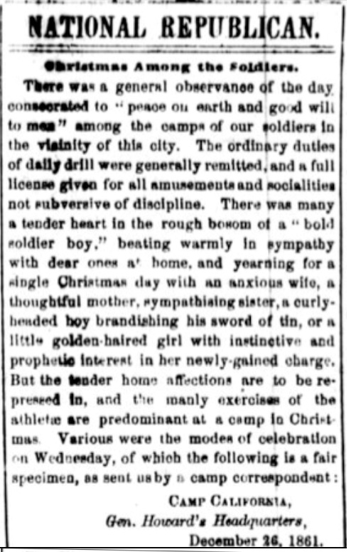 “Christmas Among the Soldiers,” The National Republican, December 28, 1861, page