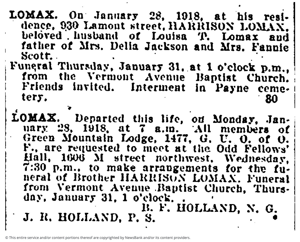 Lomax's obituary, which describes his funeral service as the Vermont Avenue Baptist Church and his i