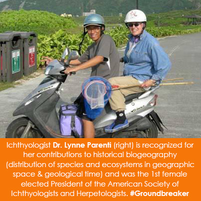 Ichthyologist Dr. Lynne Parenti (right) is recognized for her contributions to historical biogeography (distribution of species and ecosystems in geographic space & geological time) and was the 1st female elected President of the American Society of Ichthyologists and Herpetologists. #Groundbreaker