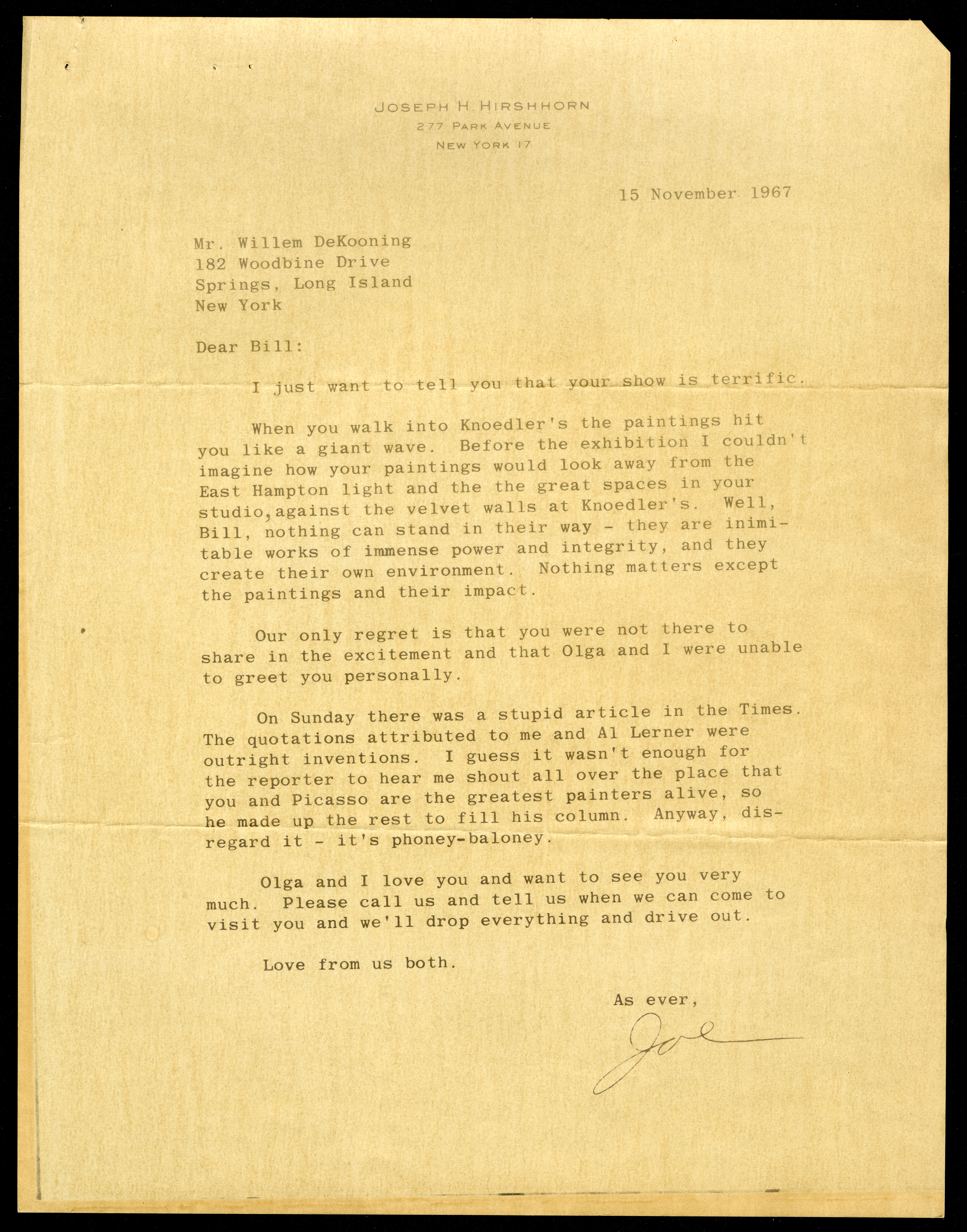 Letter to Willem de Kooning from Joseph Hirshhorn, November 15, 1967. Record Unit 7449 - Joseph H. Hirshhorn Papers, circa 1926-1982 and undated. Smithsonian Institution Archives.