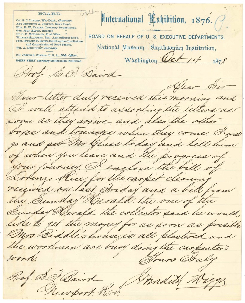 Letter with letterhead of the United States National Museum in light blue, body of letter written in