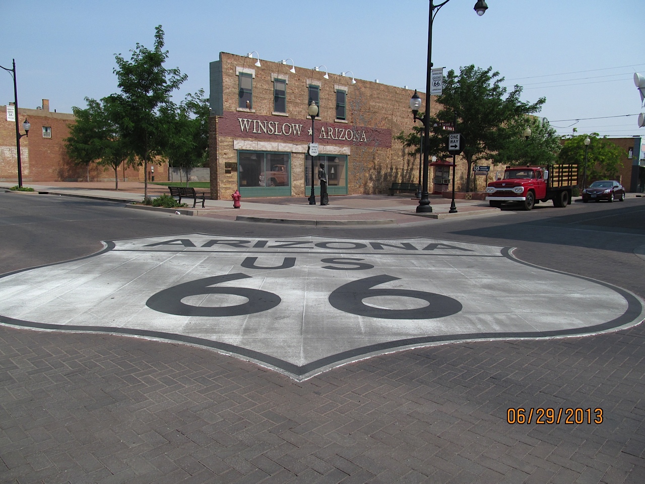 Route 66 runs through Winslow, Arizona. This corner is a tribute to the Eagles song, “Take It Easy.” The camera used included a date stamp. Photo by Lynda Schmitz Fuhrig.