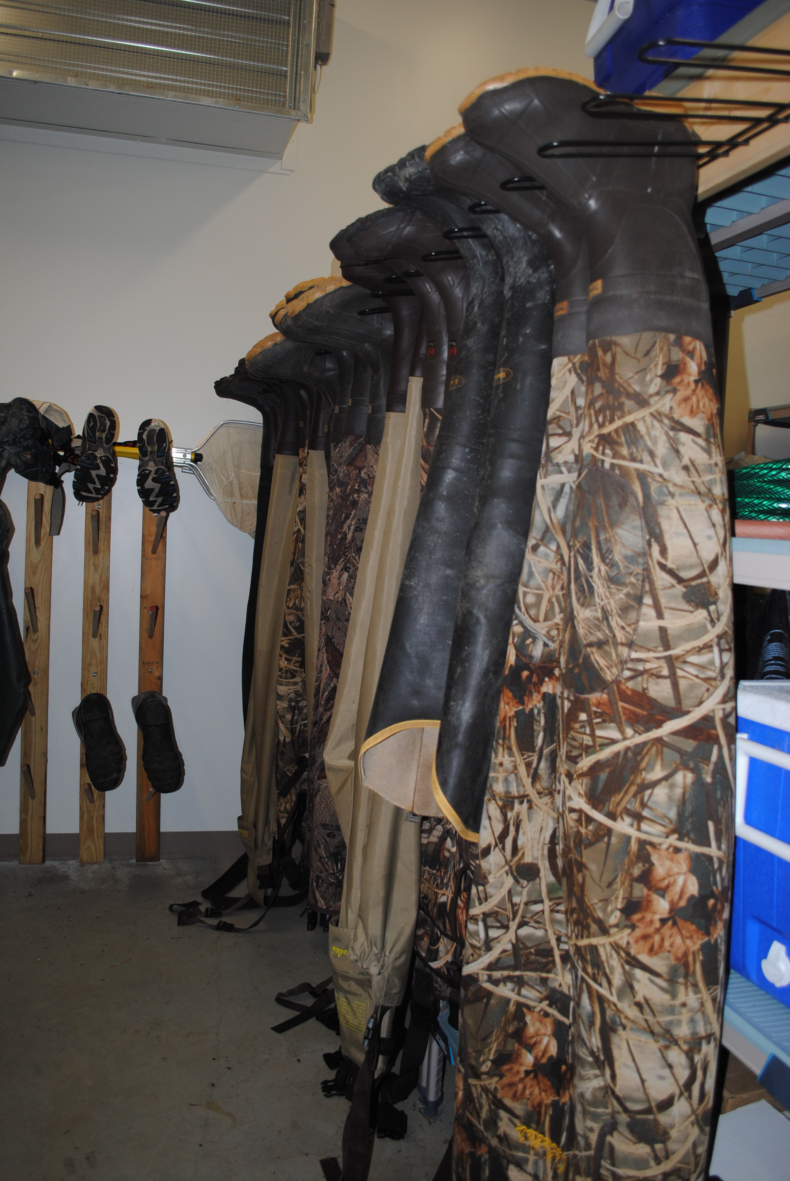 Rack of boots used in the wetlands at the Smithsonian Environmental Research Center. Photo by Kira Sobers, September 12, 2015.
