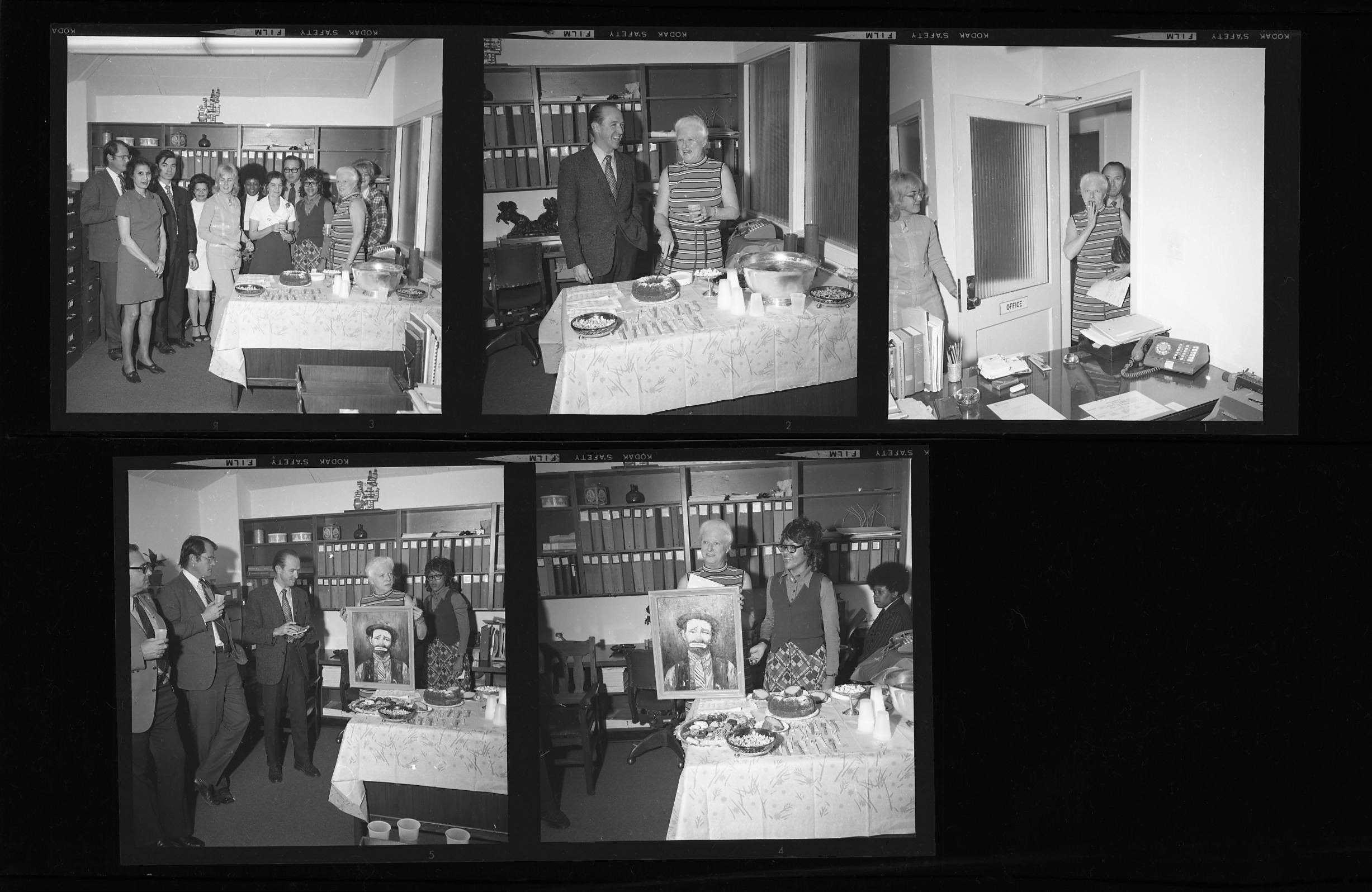 Five images in a contact sheet of a woman being surprised by a group waiting in a room. It appears t