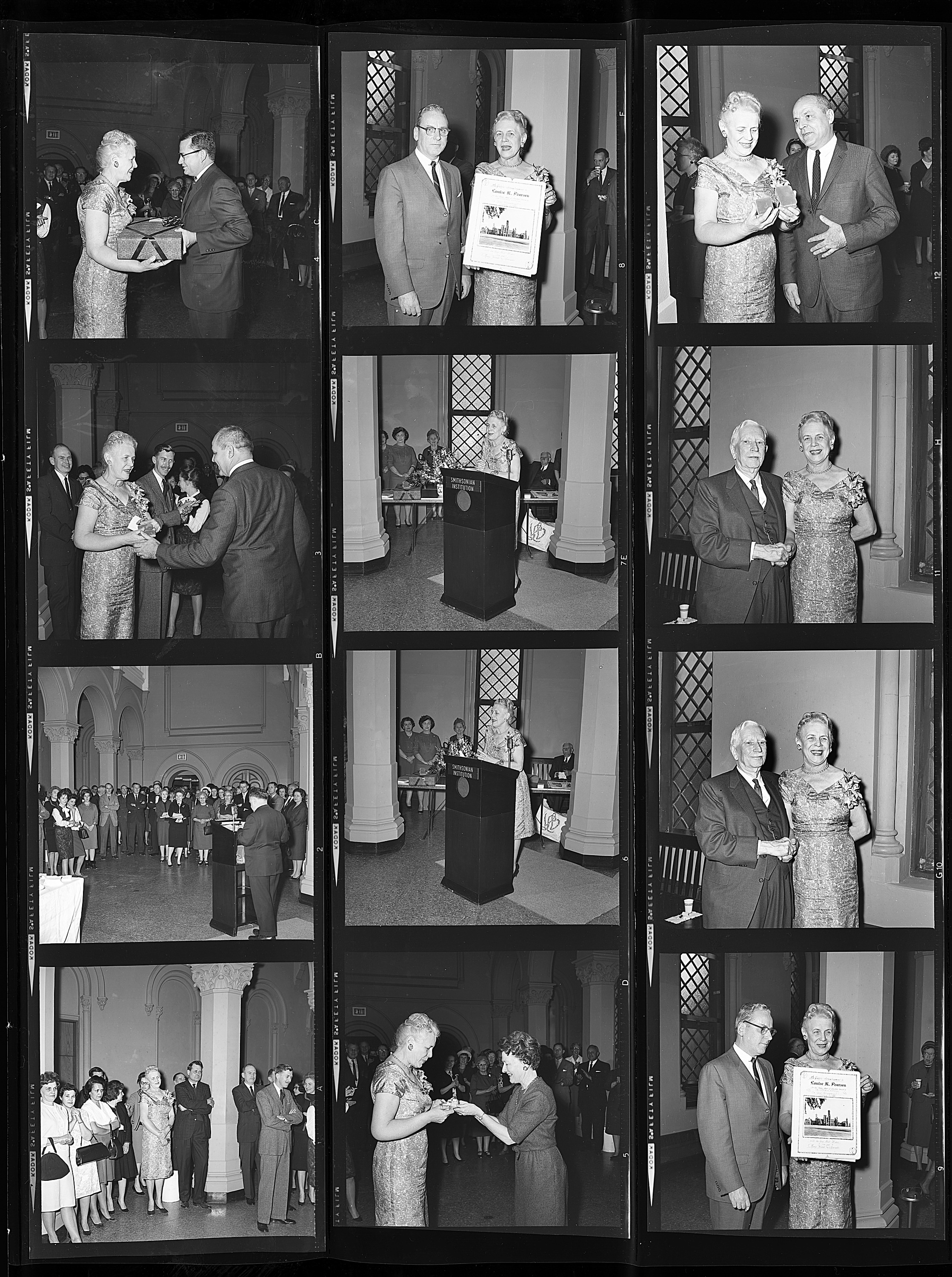 Contact sheet of people at Louise M. Pearson's retirement party. She is pictured with Smithsonian Se
