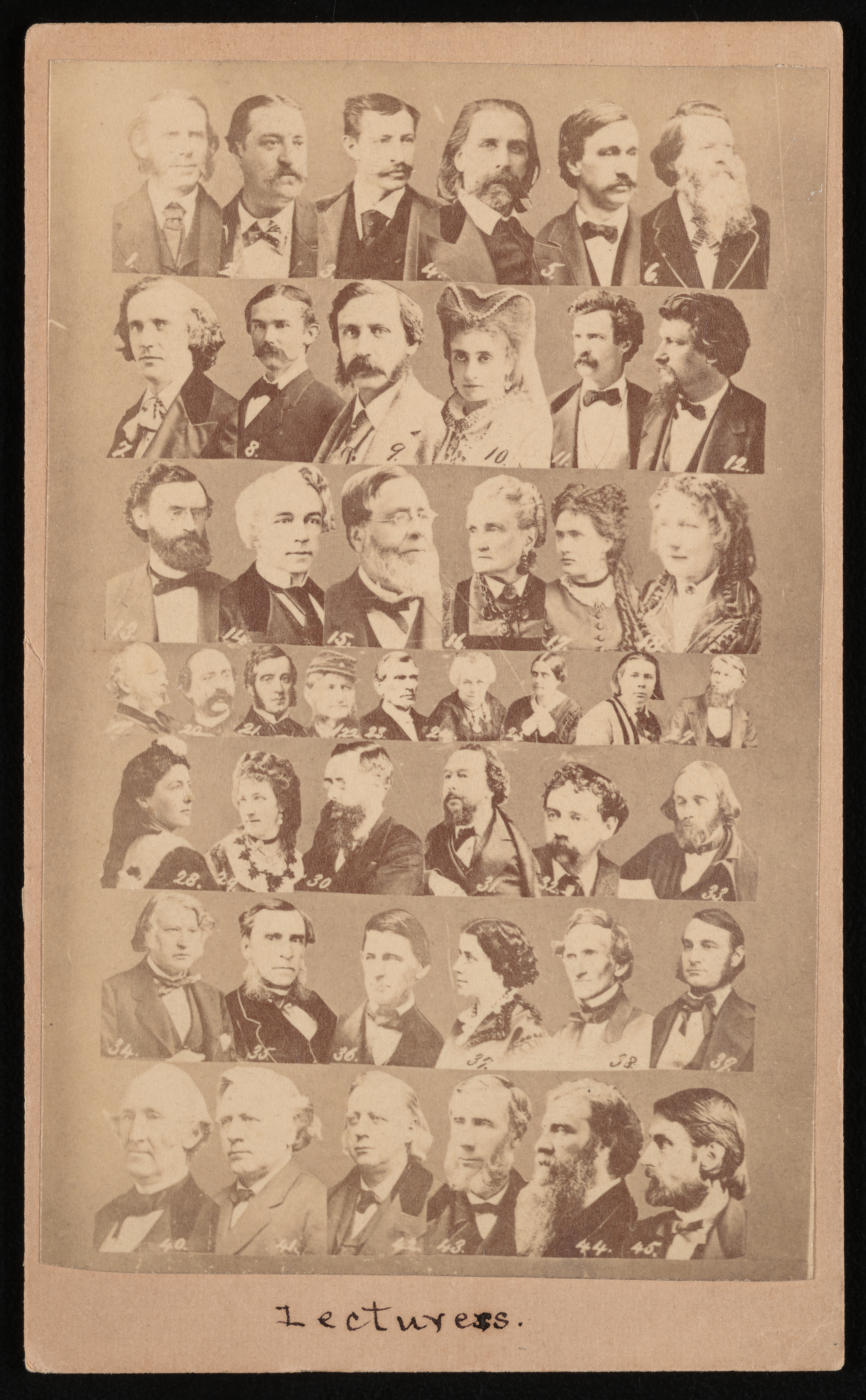 Portraits, from the shoulders and up, of white men and women are put together in rows and slightly o