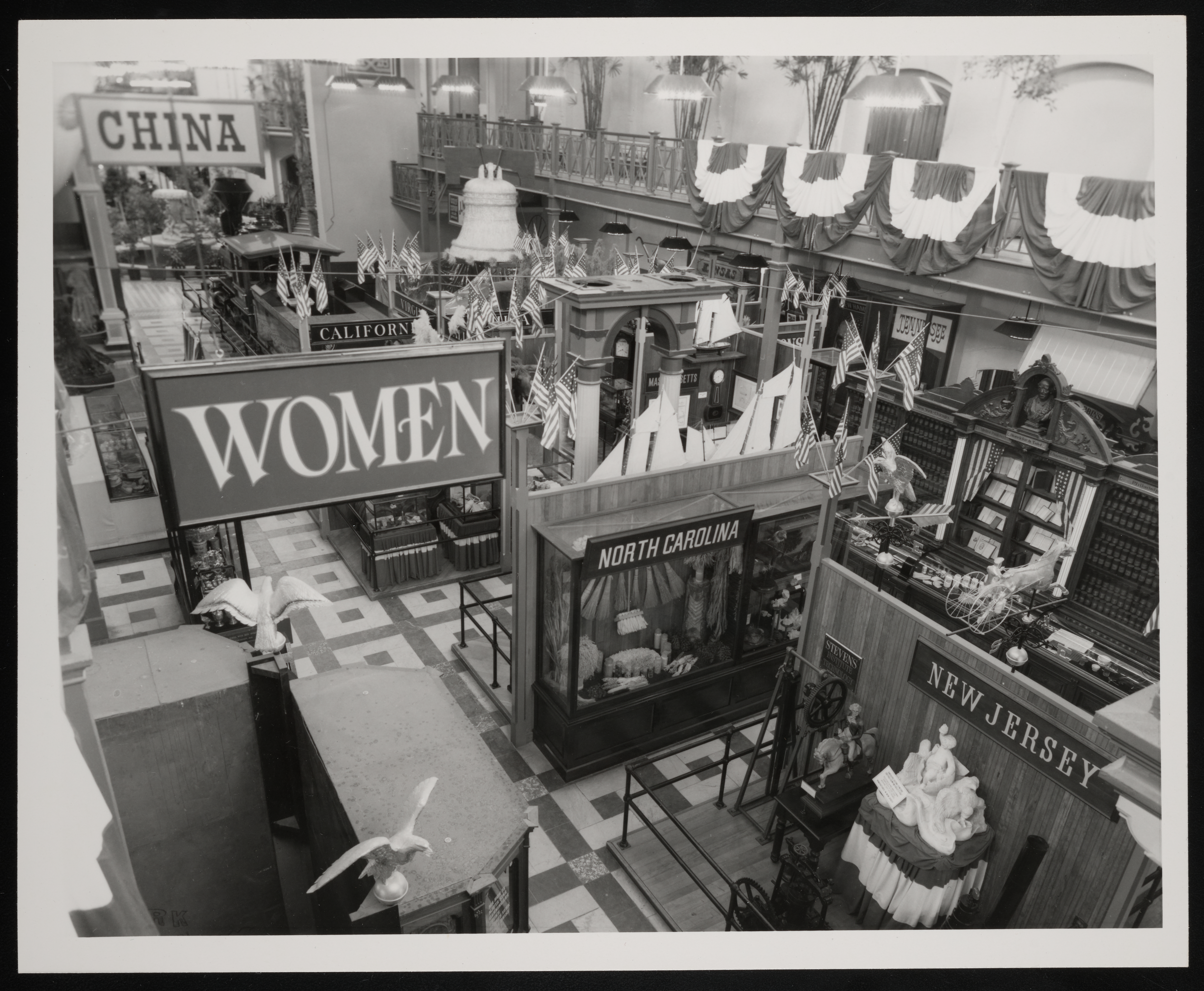 Interior view of the Arts and Industries Building when 1876: A Centennial Exhibition was on display. 