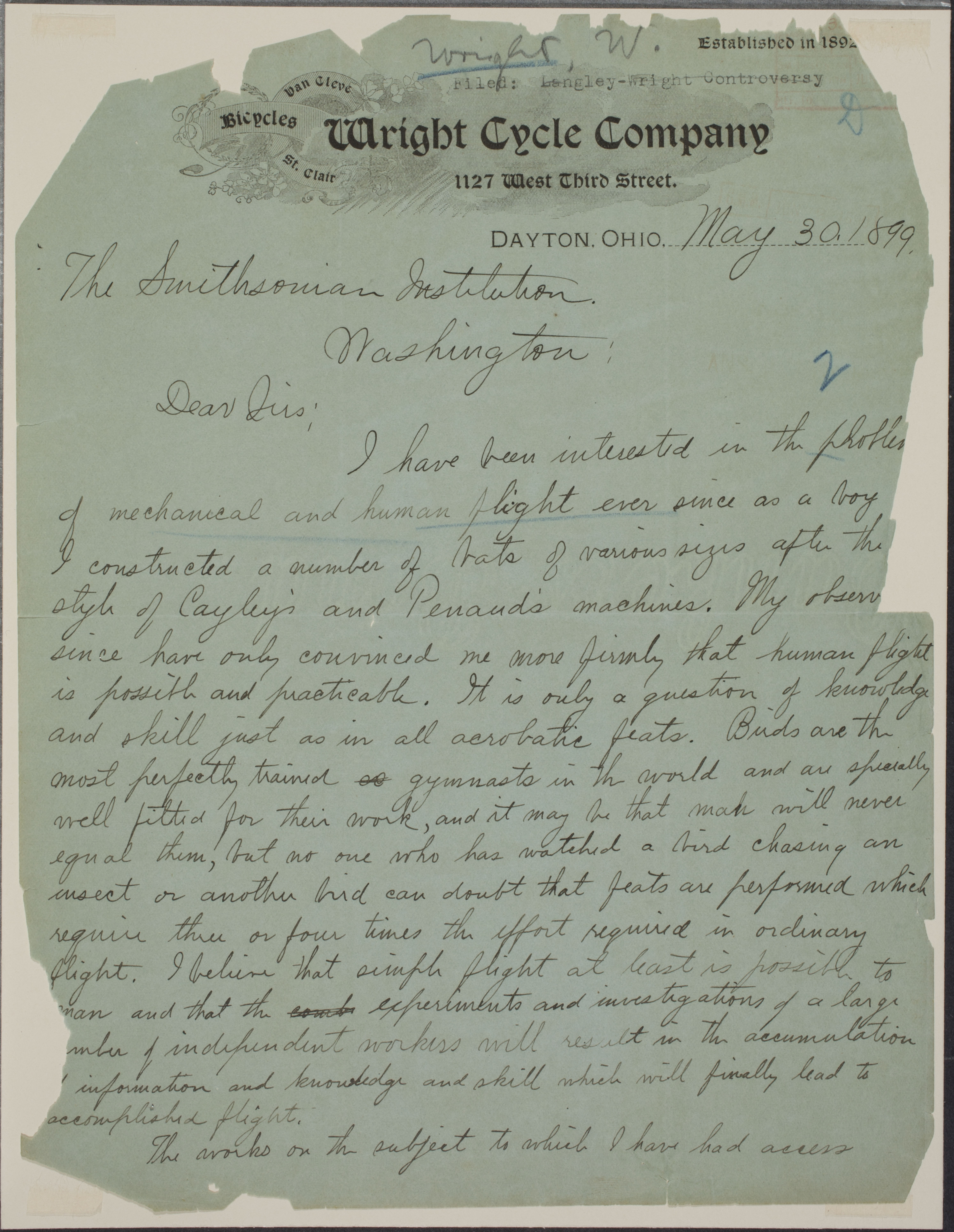 Letter from the Wright brothers to the Smithsonian Institution, May 30, 1899.