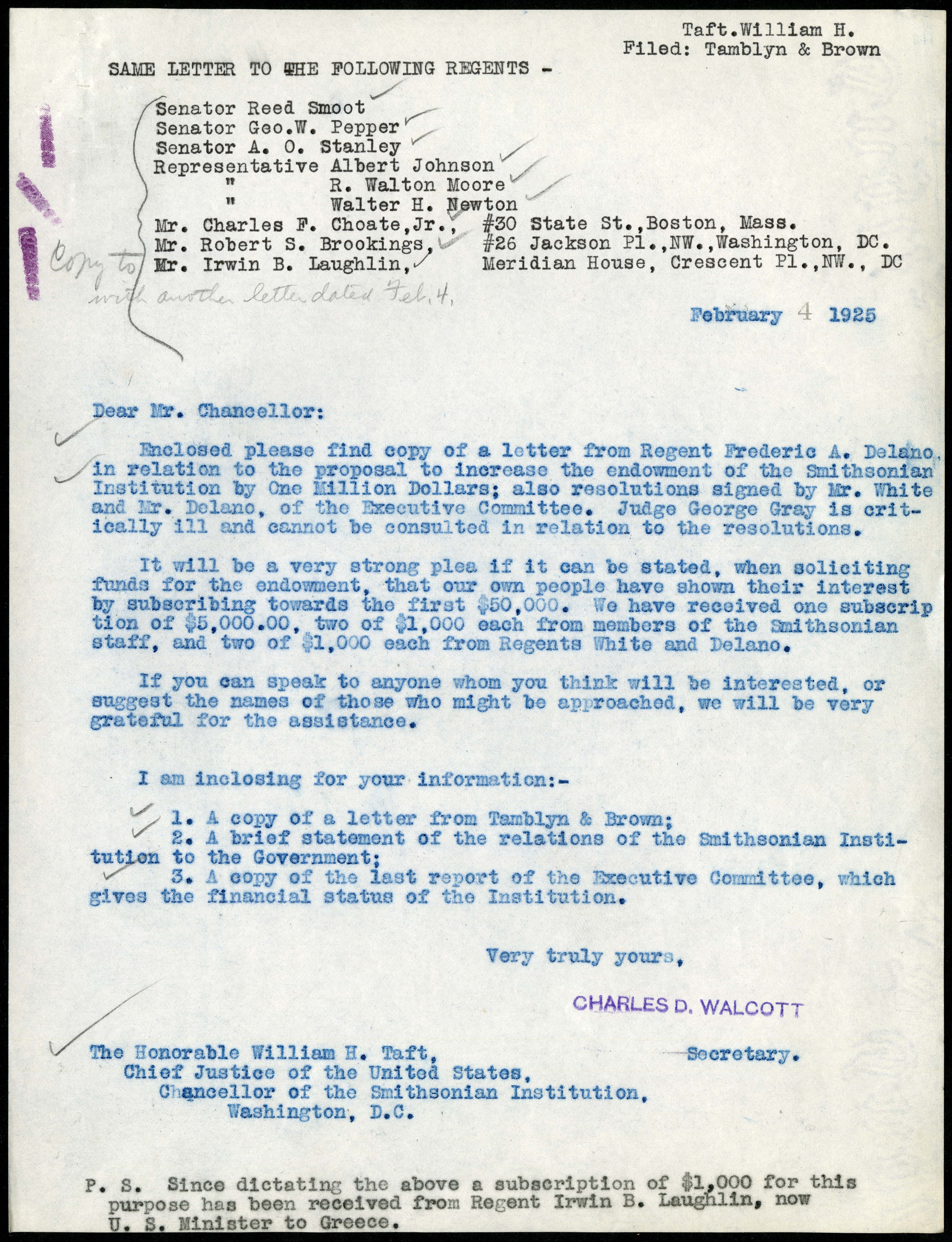 February 4, 1925 Letter Charles Doolittle Walcott to William Howard Taft, Record Unit 45 - Office of the Secretary, Records, 1890-1929, Smithsonian Institution Archive, neg. no. SIA2015-001132.