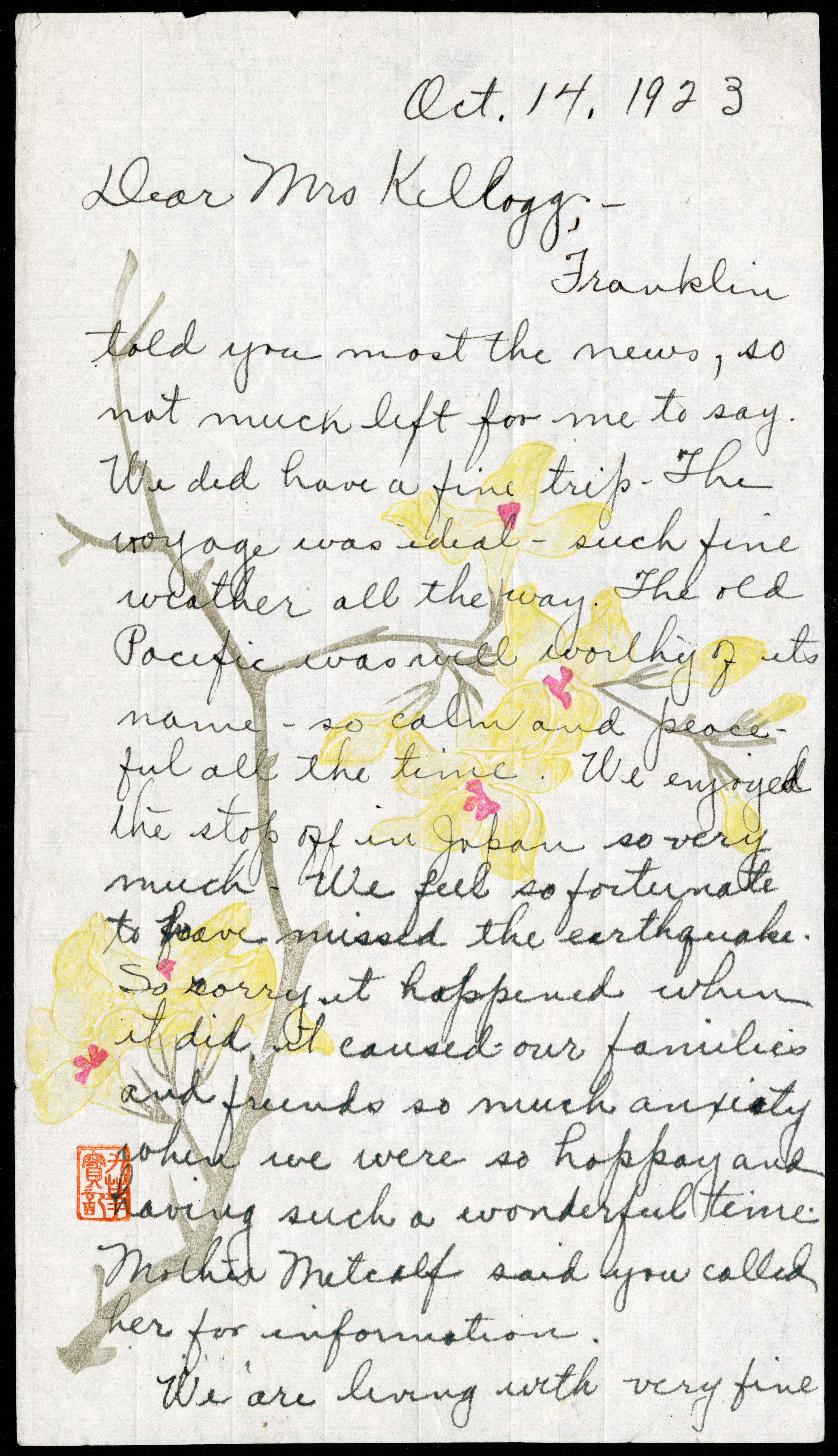 Letter from Mabel Truss Metcalf to Marguerite Henrich Kellogg, October 14, 1923, page 1.