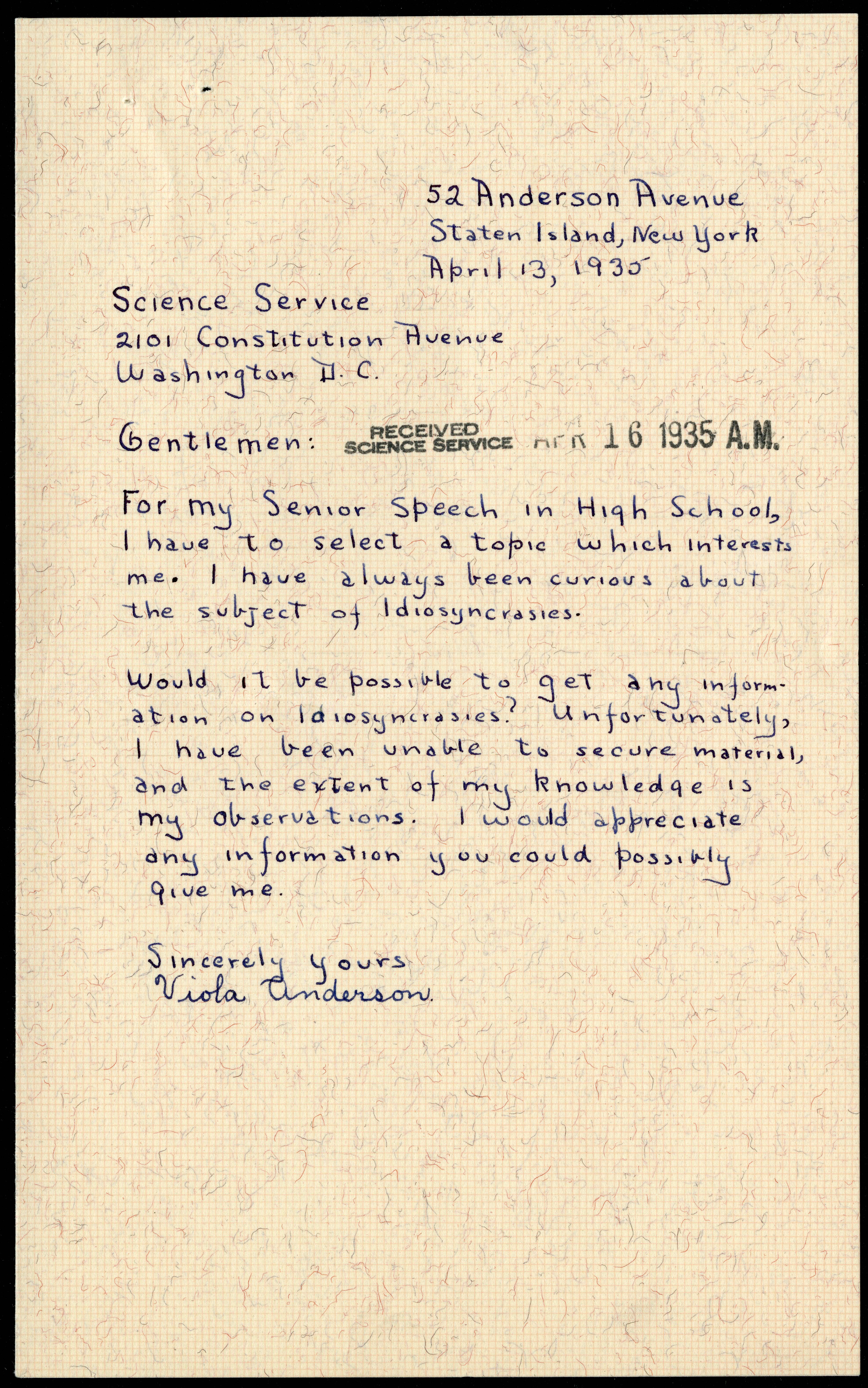 Viola Anderson to Science Service, April 13, 1935, Record Unit 7091: Science Service, Records, 1902-1965, Smithsonian Institution Archives, neg. no. SIA2015-003190.