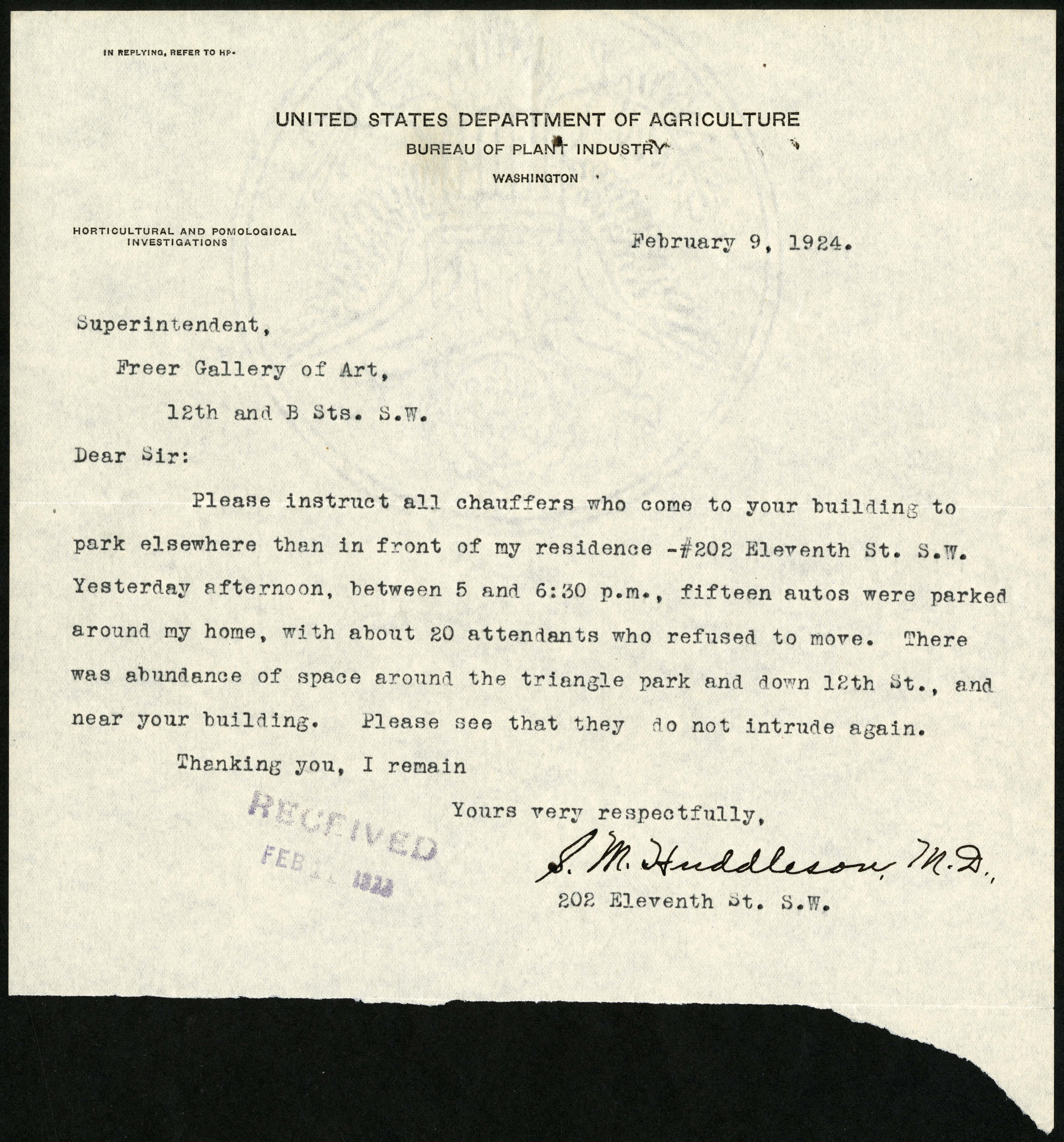 Letter from S. M. Huddleson, M.D. to Mr. J. Bundy, Superintendant of the Freer Gallery of Art. Dated February 9, 1924. Accession 02-027: Freer Gallery of Art Superintendent of Construction, Correspondence, 1913-1936, Smithsonian Institution Archives. Image no. SIA2015-006882.