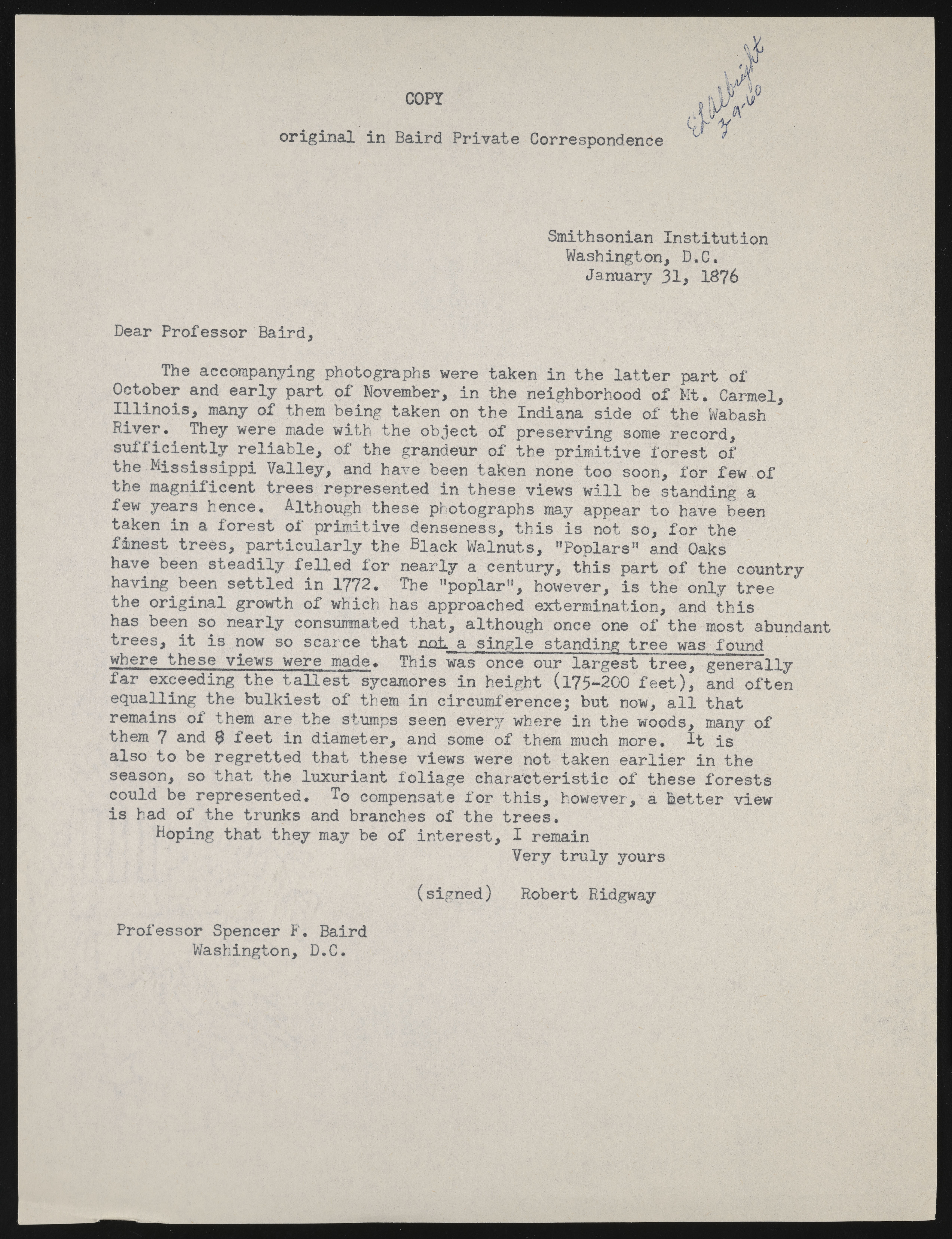 Copy of Letter from Robert Ridgway to Spencer Fullerton Baird