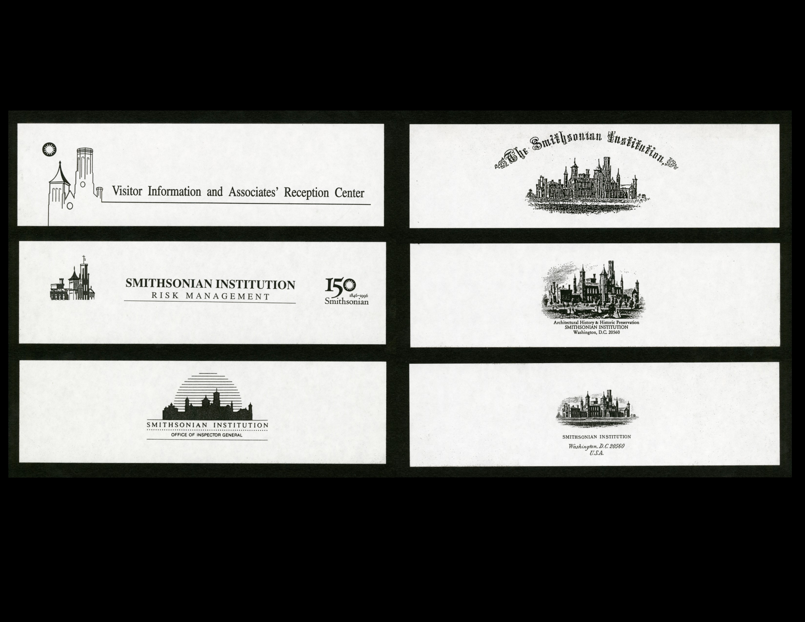 2 rows of 3 examples of various logos including black and white drawing of Smithsonian Castle