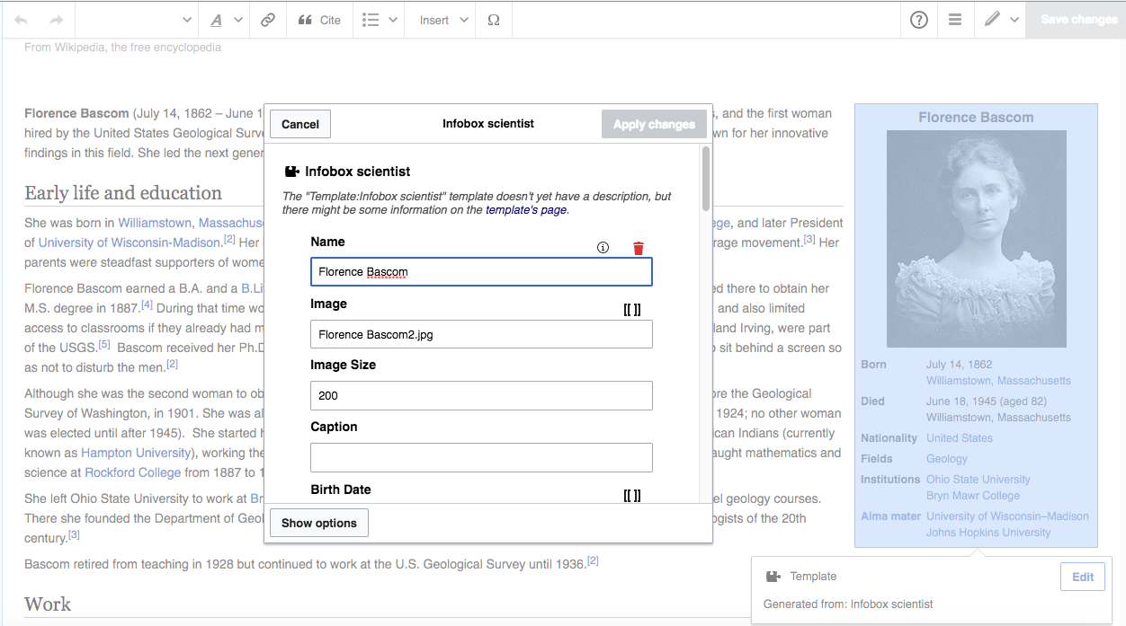 Wikipedia editor interface for updating scientist Florence Bascom