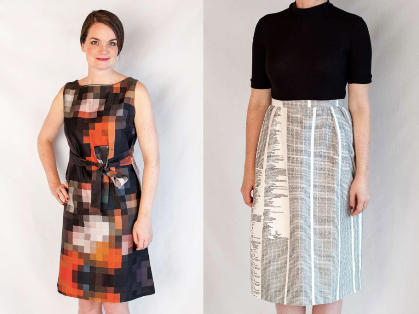 Color photo of woman wearing dress made of pixelated fabric alongside woman wearing skirt with text on it.