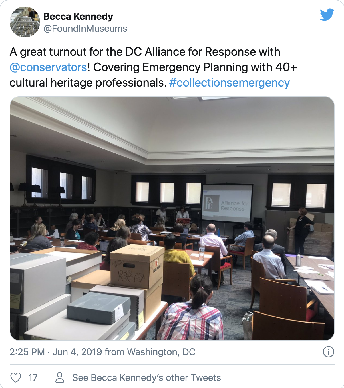 Screenshot of a Twitter thread about a DC Alliance for Response workshop. 