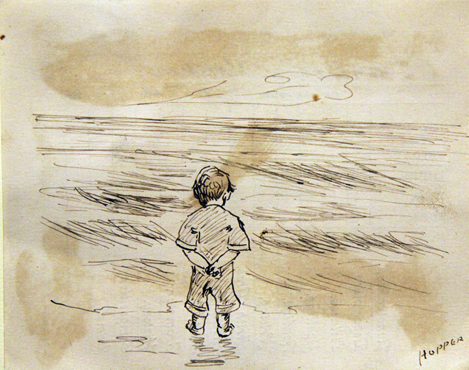 Black ink drawing of little boy from behind, walking on the seashore. 