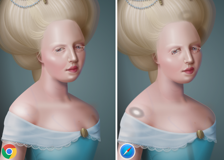 Side by side comparison of a two color images of a woman in a blue dress on a gray background.