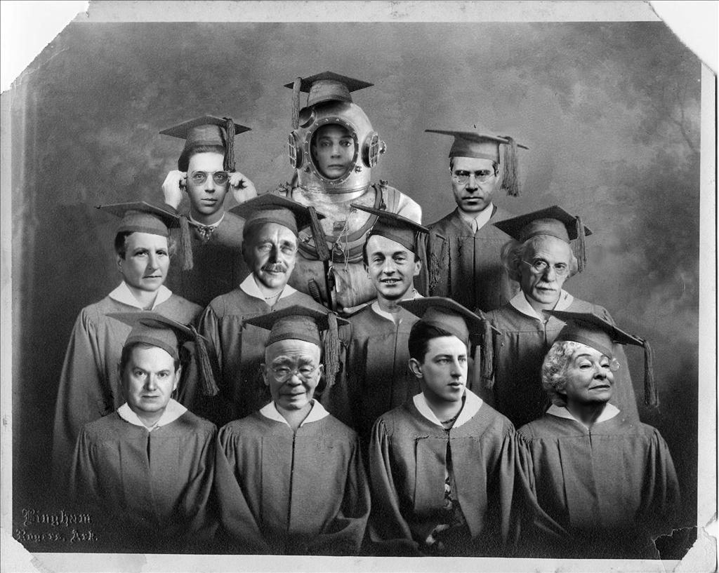 Photoshopped image of artists new to the public domain in graduation caps and gowns.