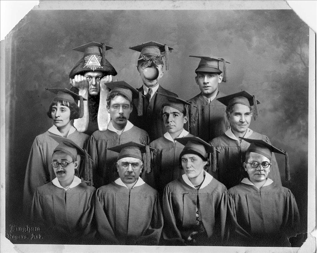 B&W photoshopped image of creators heads on figures wearing graduation gowns and hats