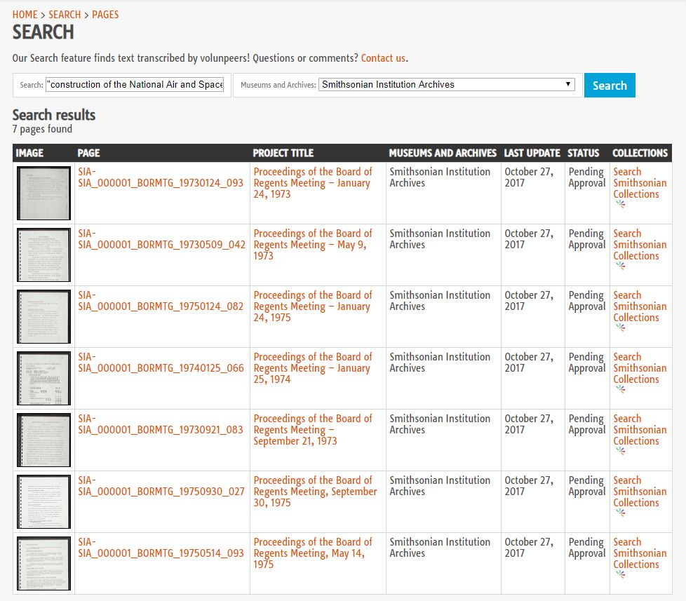 Screen shot of Smithsonian Transcription Center search results for the search 