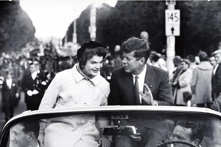 Sen. John F. Kennedy campaigns with his wife in Boston, 1958, by Carl Mydans.