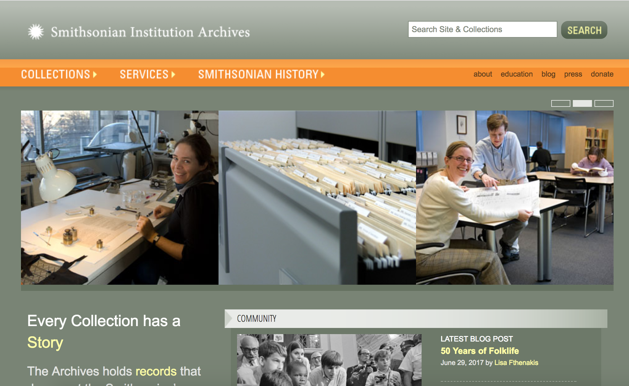 Screenshot of website with grey/green background, series of images of the Archives, and orange block for navigation at the top.