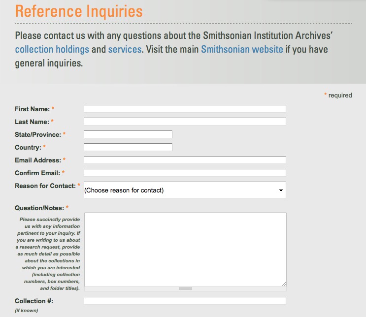 Reference form for inquiries and use of collections, Smithsonian Institution Archives.