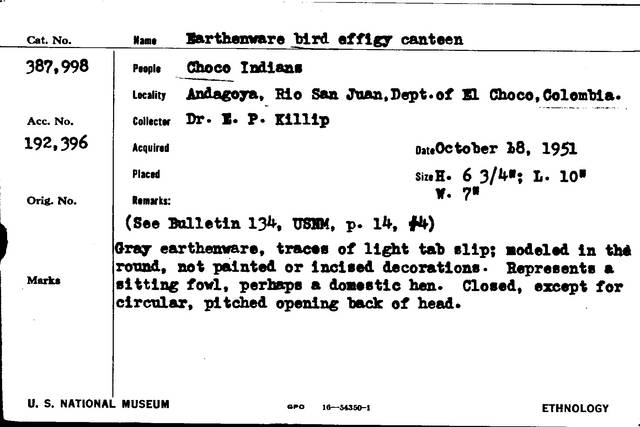  Registrar Card for Earthenware Bird Effigy Canteen Collected by E. P. Killip.