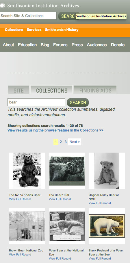 Screen shot of our collections search operating at its lowest resolution. Bear images were often used as test subjects during the upgrade process.