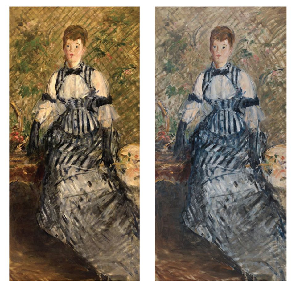 Edouard Manet, Woman in Striped Dress, before and after treatment, (1877-80), Solomon R. Guggenheim Foundation, 2018; photos: Kris McKay and Allison Chipak.