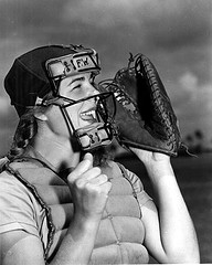 Dottie Schroeder, catcher, shouting play ball behind mask, State Archives of Florida