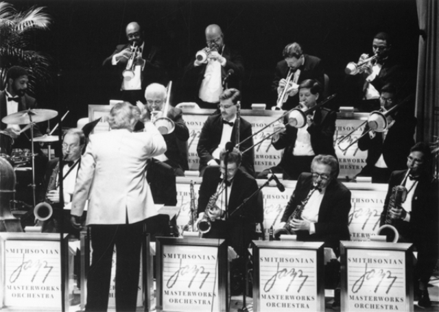 Musical director Gunther Schuller conducts members of the Smithsonian Jazz Masterworks Orchestra in 