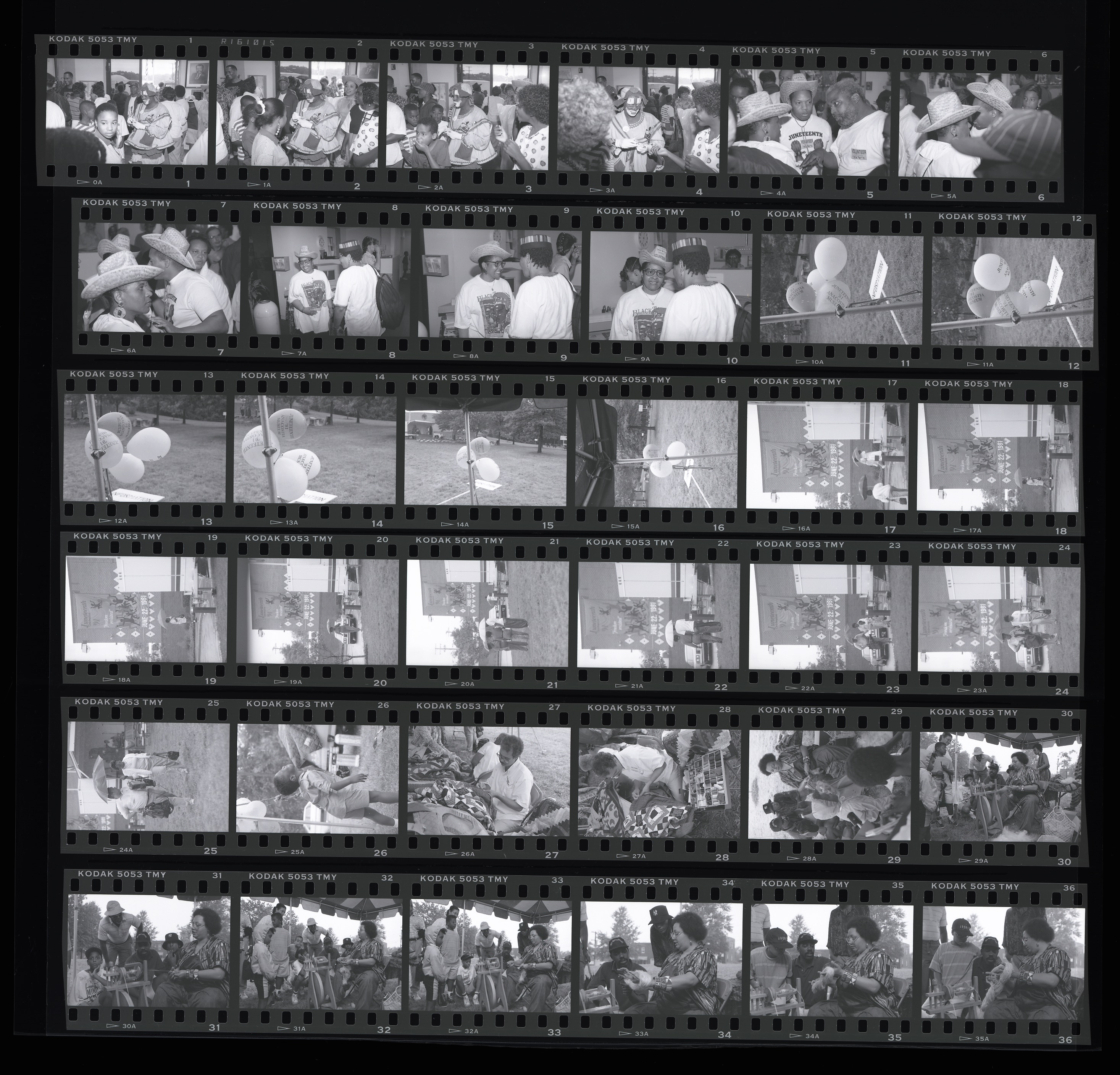 Rolls of film featuring a celebration of Juneteenth at the Anacostia Community Museum. Scenes include people chatting, a clown in a crowd, and people doing crafts at a table.