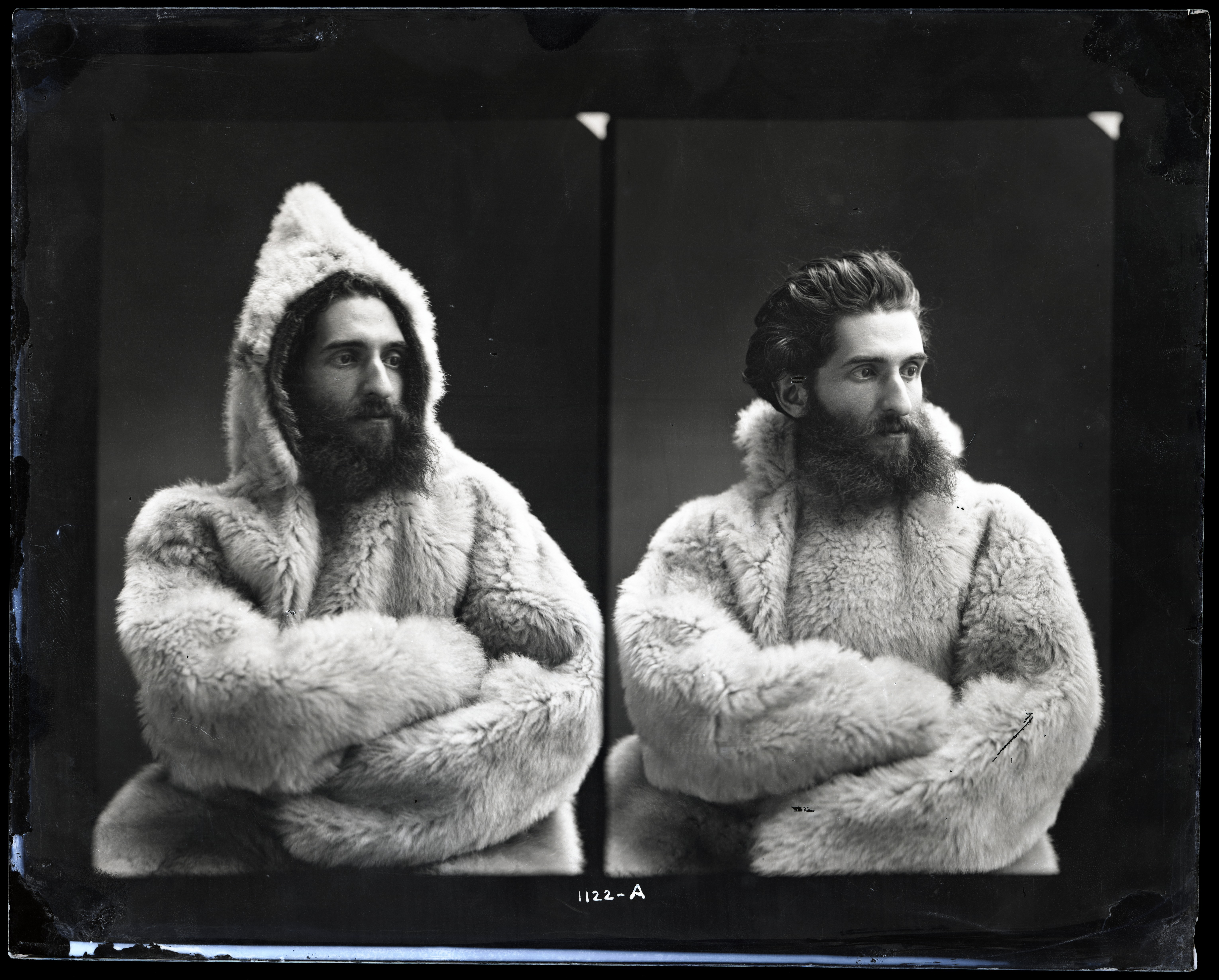 Two photographs of a man wearing a fur coat. The hood is on in the left photo.