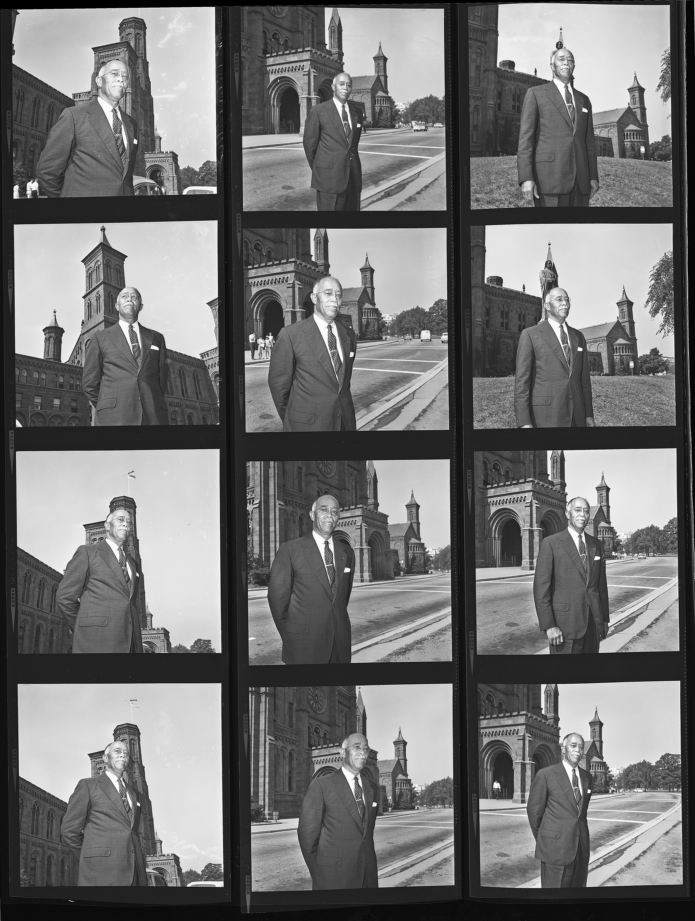 Digital contact sheet that includes 12 photographs of Jones standing in front of the Smithsonian Castle. He is wearing a suit. He looks directly toward the camera and slightly off into the distance in various photographs. 